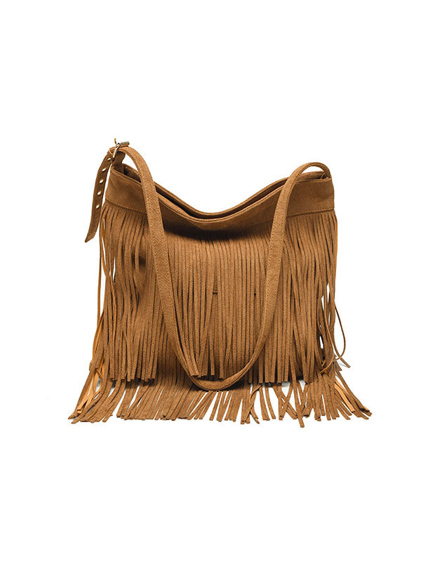 Hollow Solid Color Tasseled Zipper Handbags Crossbody Bags