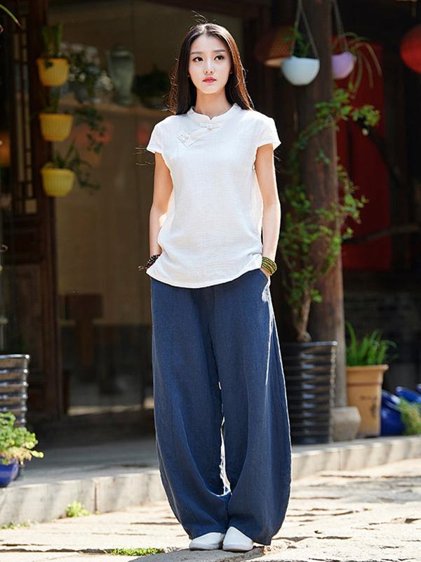 Burgundy&Navy Blue Ramie Cotton Casual Linen Bloomers Pants