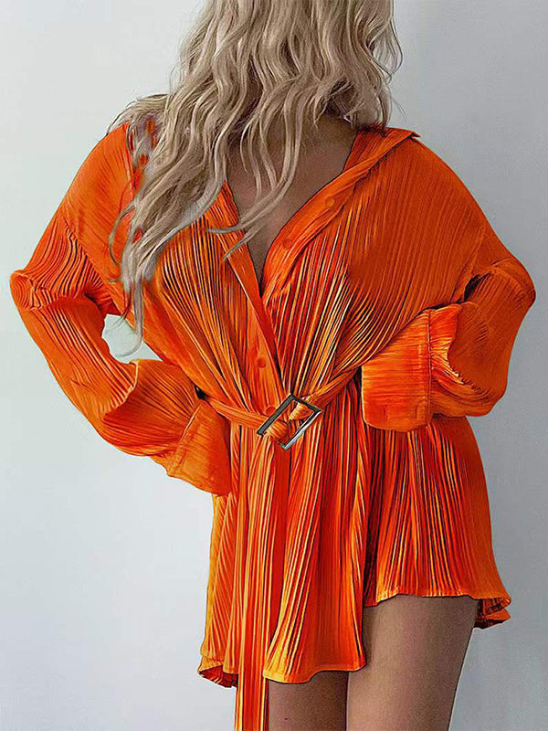 Buttoned Pleated Solid Color Tied Waist Long Sleeves Lapel Shirt Dress Mini Dresses