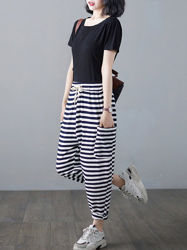 Loose Striped Drawstring Harem Sports Pants