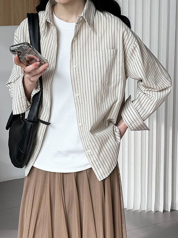 Buttoned Pockets Striped Long Sleeves Loose Lapel Blouses&Shirts Tops