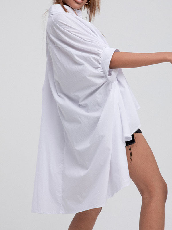 Solid Color Batwing Sleeves High-Low Lapel Blouses&Shirts Tops