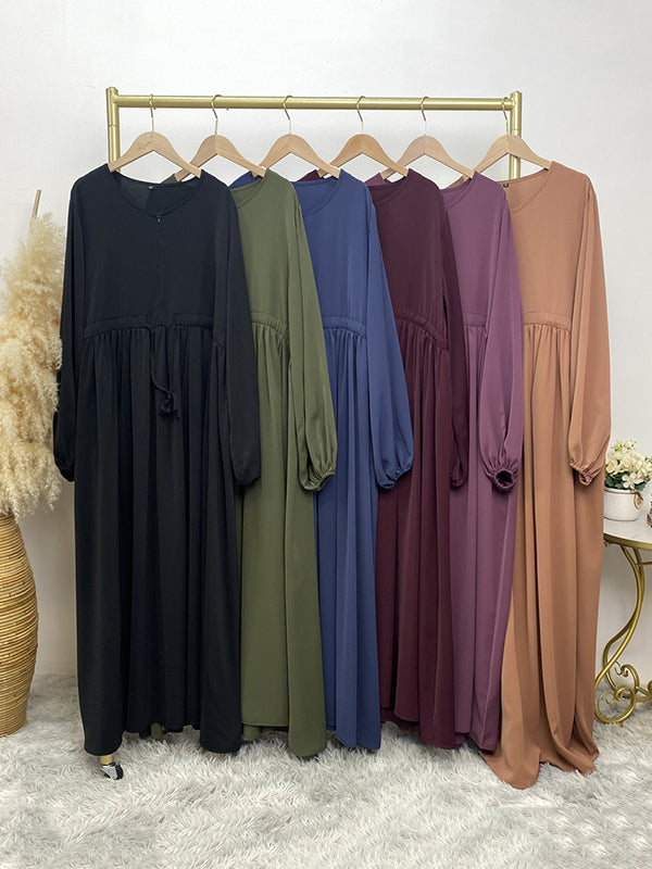 Drawstring Elasticity Muslim Pleated Solid Color Zipper Long Sleeves Loose Round-Neck Maxi Dresses