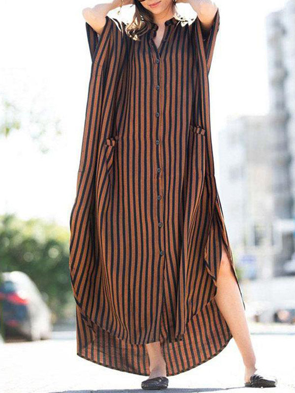 Buttoned Pockets Striped Batwing Sleeves Half Sleeves Round-Neck Maxi Dresses Beach Cover-Up