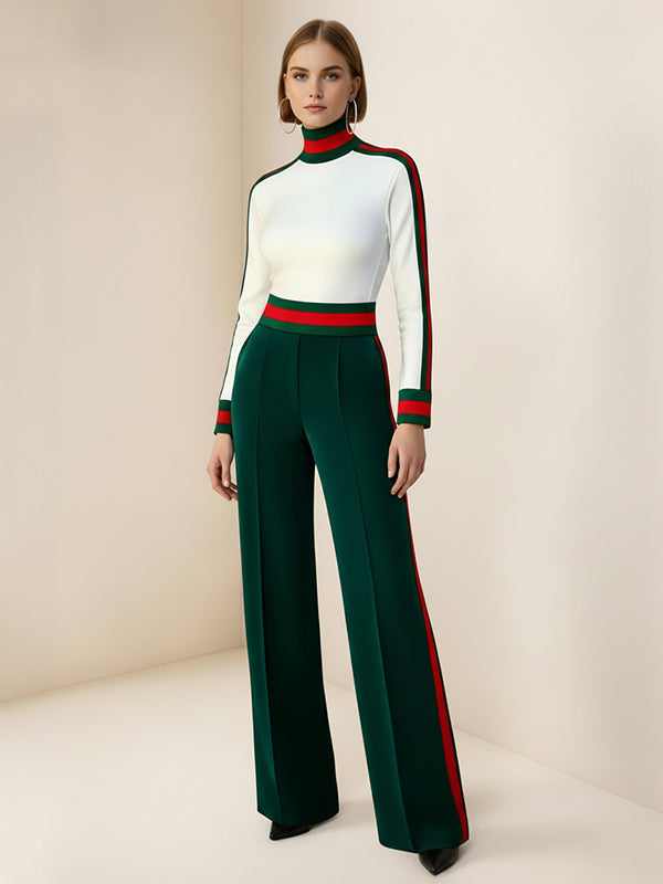 Long Sleeves Skinny Contrast Color Split-Joint Striped High Neck T-Shirts Tops