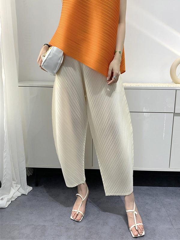 Elasticity Pleated Solid Color Split-Joint Harem Pants High Waisted Trousers Pants Ninth Pants