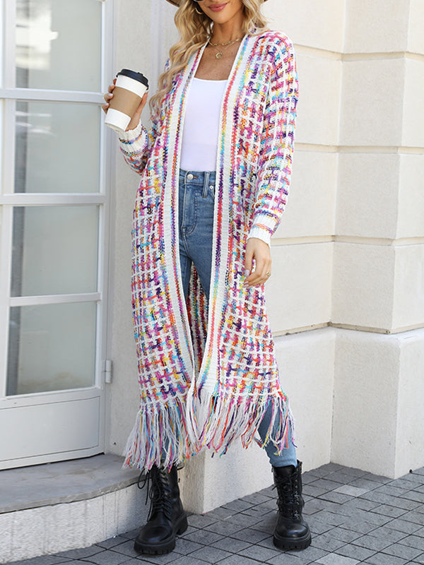 Plaid Tasseled Long Sleeves Loose Collarless Cardigan Tops