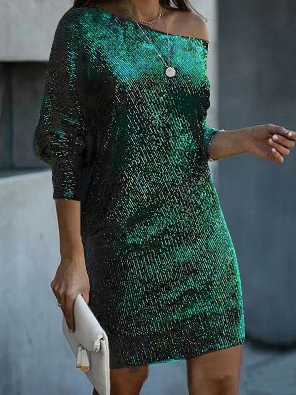 Asymmetric Sequined Solid Color A-Line Loose One-Shoulder Mini Dresses