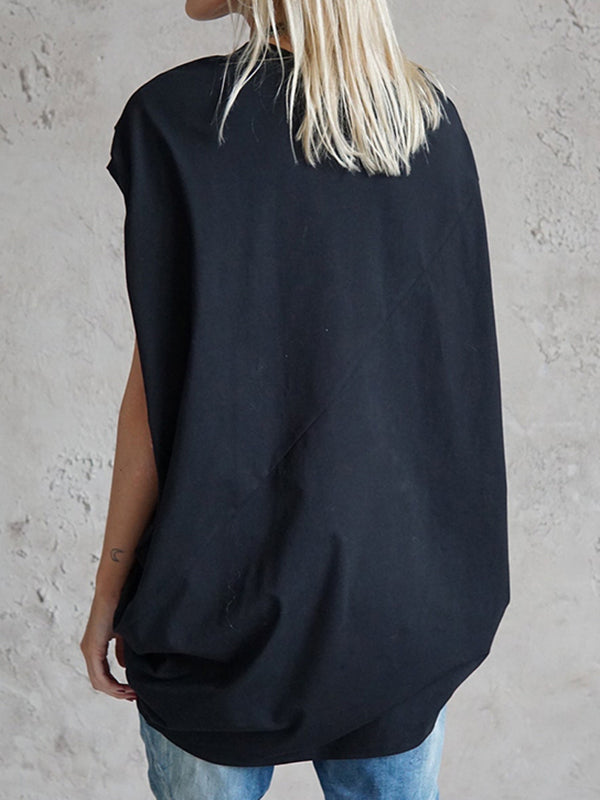Pleated Solid Color High-low Loose Round-neck T-Shirts Tops