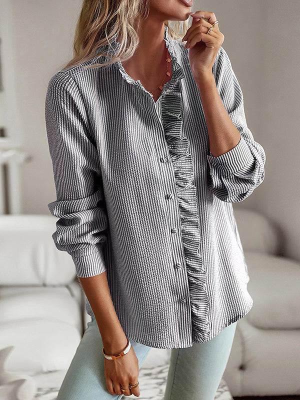 Asymmetric Pleated Ruffled Split-Joint Striped Long Sleeves Loose Stand Collar Blouses&Shirts Tops