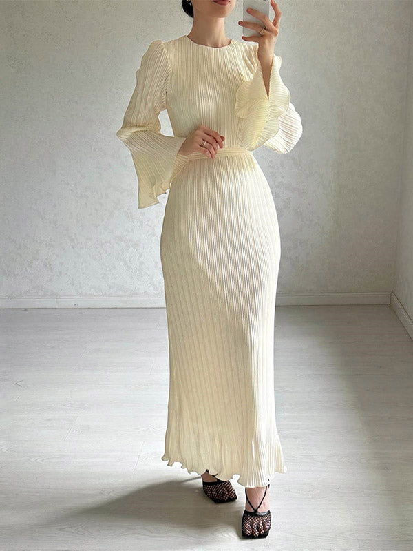 Pleated Solid Color Flared Sleeves Long Sleeves Round-Neck Maxi Dresses