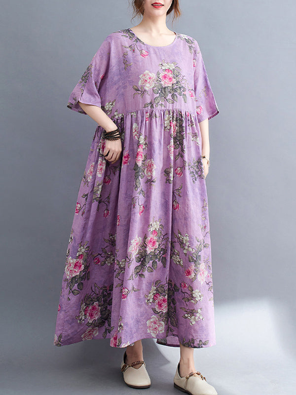Artistic Retro Loose Pleated Printed Midi Dress