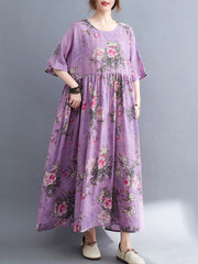 Artistic Retro Loose Pleated Printed Midi Dress
