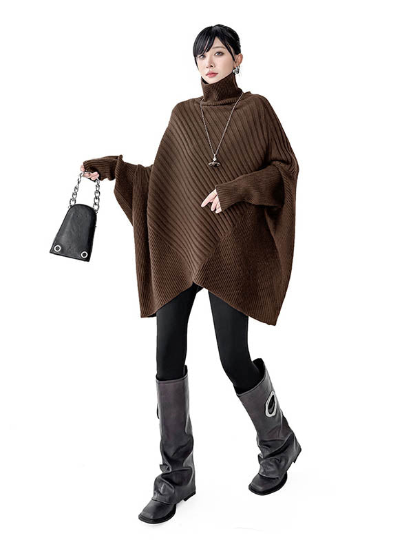 Asymmetric Ribbed Knit Solid Color Split-Joint Batwing Sleeves Irregularity High Neck Sweater Tops