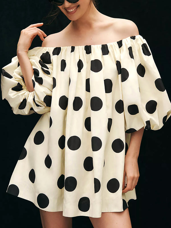 Polka-Dot Half Sleeves Loose Off-The-Shoulder Mini Dresses