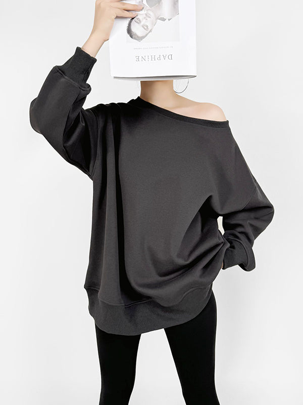 Solid Color Split-Joint Long Sleeves Loose Round-neck Sweatshirt Tops