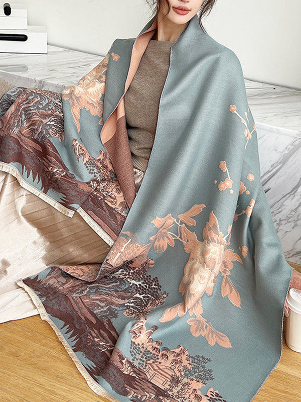 Floral Printed Tasseled Shawl&Scarf