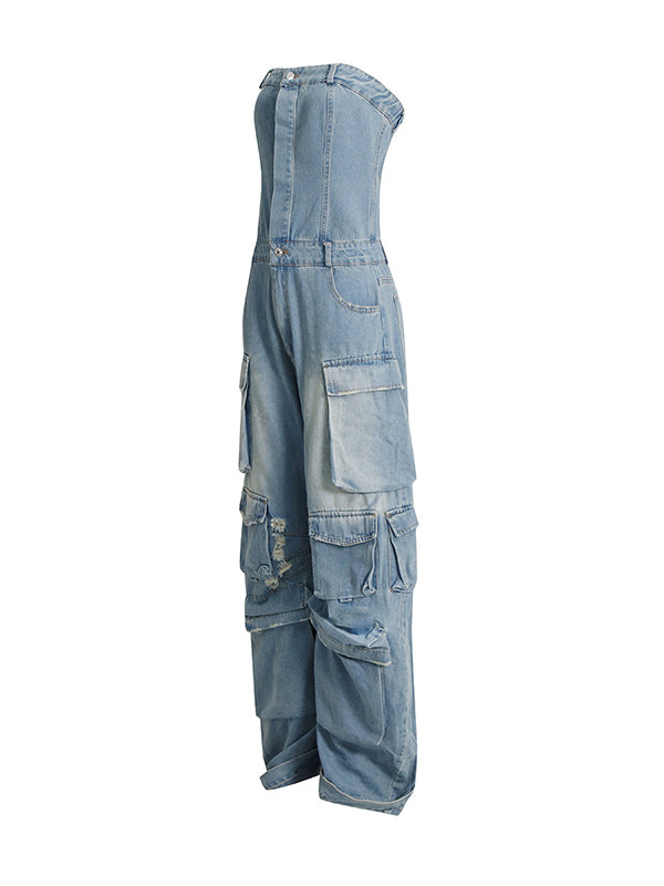 Buttoned Hollow Pockets Wide Leg High Waisted Sleeveless Tube Jumpsuits