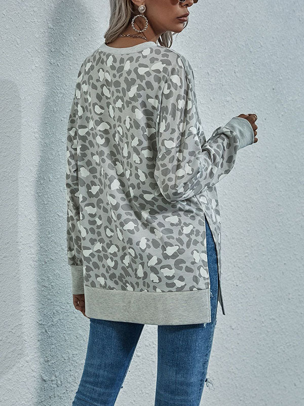 Leopard Split-Joint Split-side Long Sleeves Loose Round-neck Sweatshirt Tops