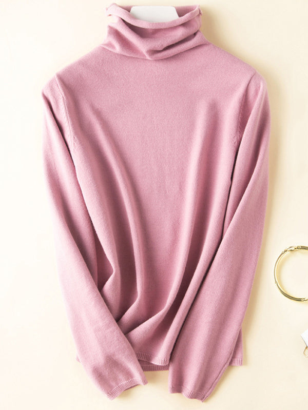 Casual Skinny Long Sleeves Solid Color Heaps Collar Sweater Tops Pullovers