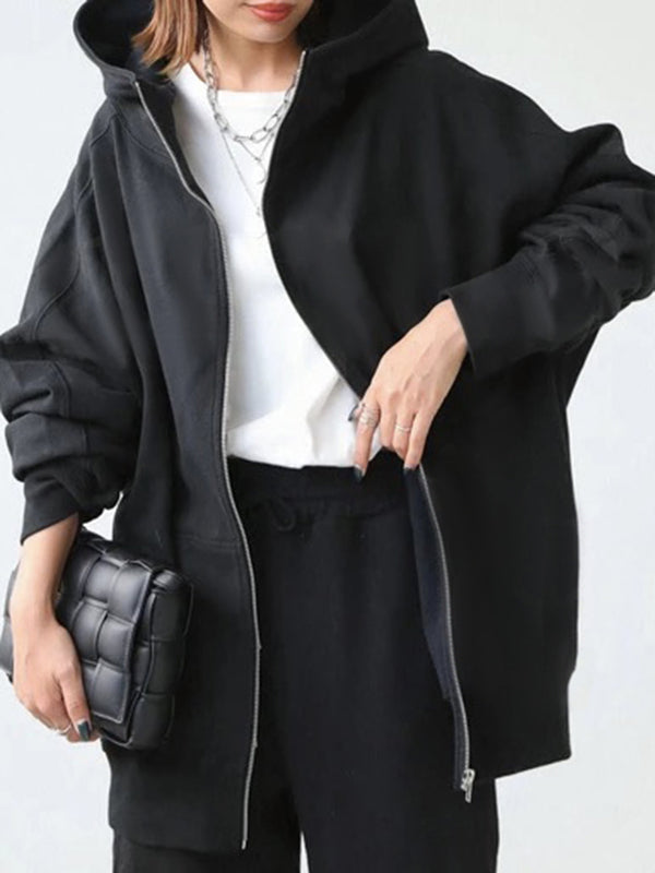 Solid Color Zipper Hooded Long Sleeves High-neck Outerwear Jackets