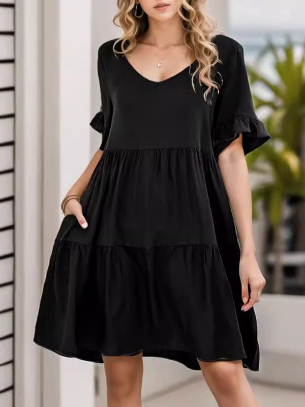 Pleated Pockets Ruffled Solid Color Split-Joint A-Line Flared Sleeves Round-Neck Mini Dresses
