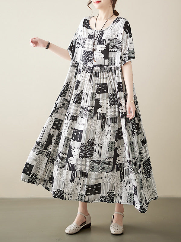 Printed A-line Loose Round-neck Midi Dresses