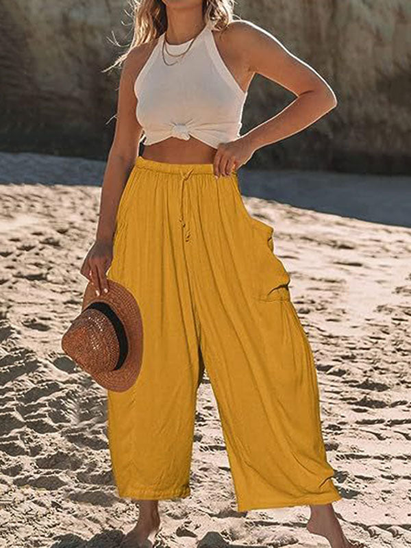 Drawstring Elasticity Pleated Pockets Solid Color High Waisted Loose Trousers Ninth Pants