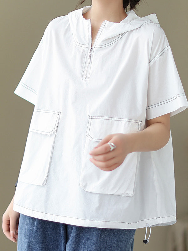 Zipper Loose Short Sleeves Hooded T-Shirts Tops