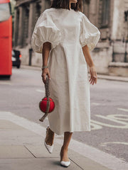 Solid Color Half Sleeves Loose Round-Neck Midi Dresses