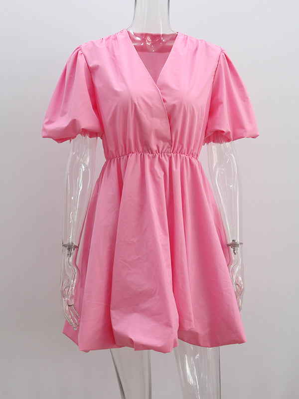 Pleated Solid Color Split-Joint Loose Puff Sleeves V-Neck Mini Dresses