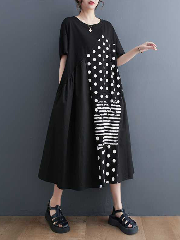 Asymmetric Pockets Polka-Dot Split-Joint A-Line Loose Round-Neck Midi Dresses