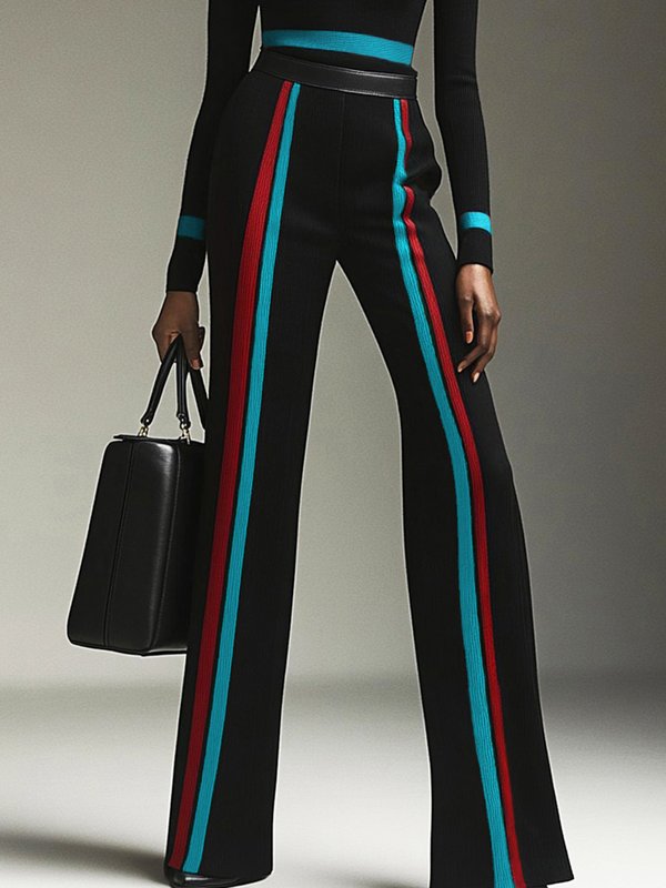Contrast Color Striped Long Sleeves High Neck Sweater Tops Pullovers