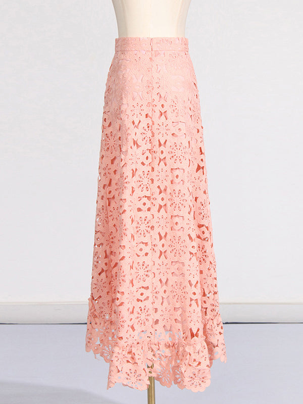 Jacquard Solid Color Flower Print Hollow Round-Neck Vest Top + Ruffle Trim Bodycon High-Low Skirts Bottom Two Pieces Set