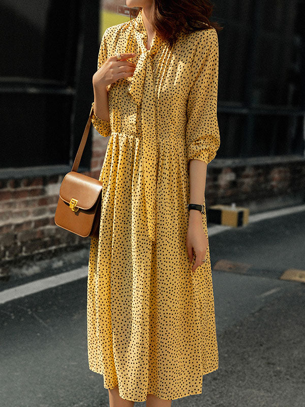 Polka-Dot Tied A-Line High Waisted Mock Neck Midi Dresses