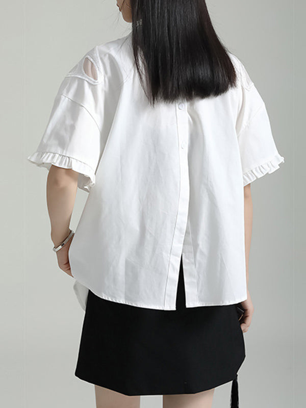 Buttoned Mesh Reversible See-Through Split-back Split-Joint Half Sleeves Loose Lapel Blouses&shirts Tops