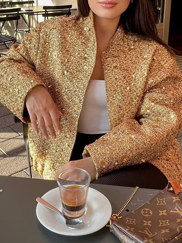 Elasticity Sequined Split-Joint Long Sleeves Loose Stand Collar Outerwear