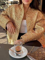 Elasticity Sequined Split-Joint Long Sleeves Loose Stand Collar Outerwear