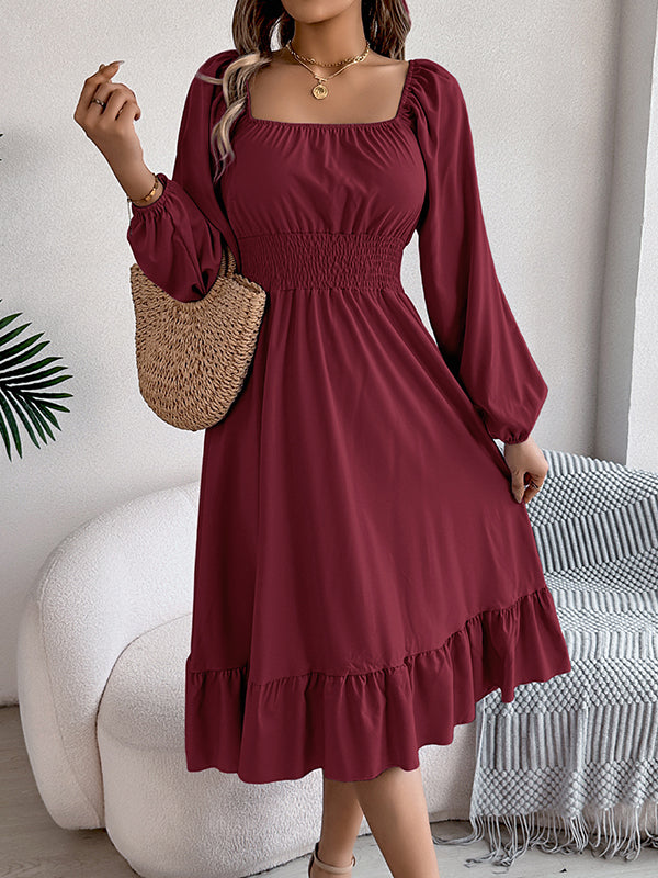 Pleated Ruffled Solid Color A-Line Elasticated Waist Square-Neck Midi Dresses