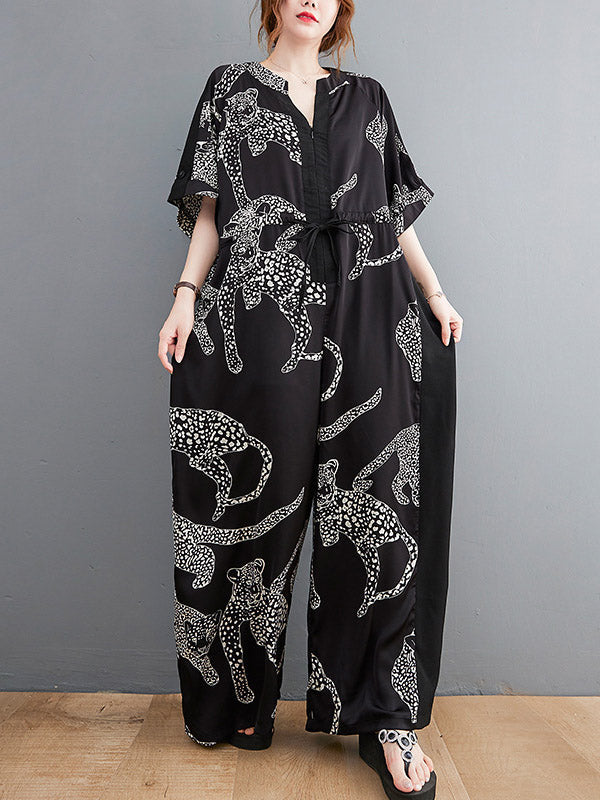 Vintage Original Floral Leopard Printed Split-Joint Tied V-Neck Half Sleeves Wide Leg Jumpsuits