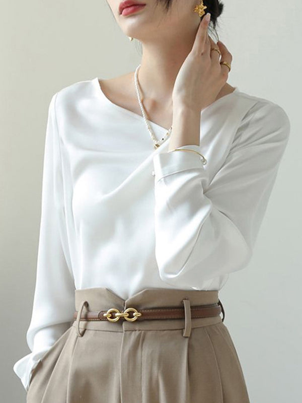 Asymmetric Pleated Solid Color Split-Joint Long Sleeves Loose V-Neck Blouses&Shirts Tops
