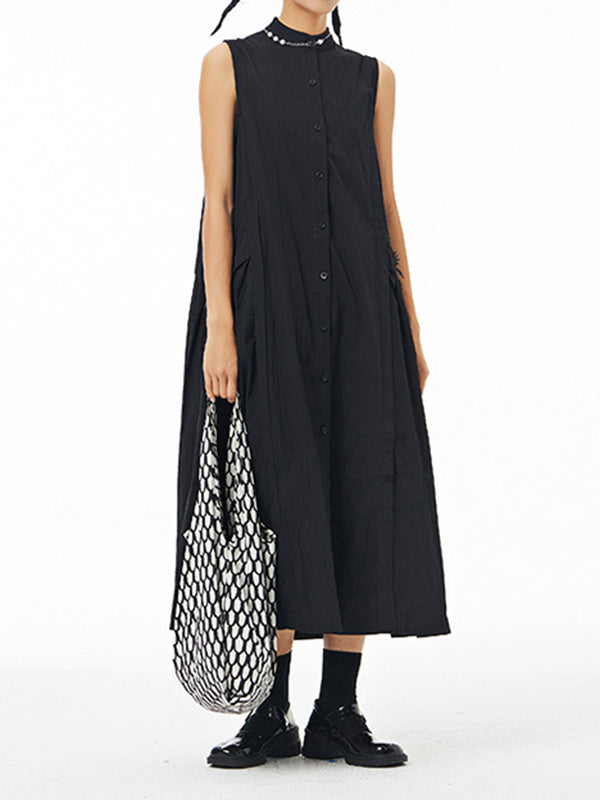 Pleated Solid Color Loose Sleeveless Stand Collar Shirt Dress Midi Dresses