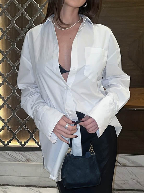 Buttoned Pockets Solid Color Long Sleeves Loose Lapel Blouses&Shirts Tops