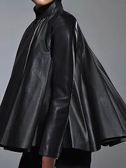Big Hemline Solid Color A-line Long Sleeves Stand Collar Leather Top