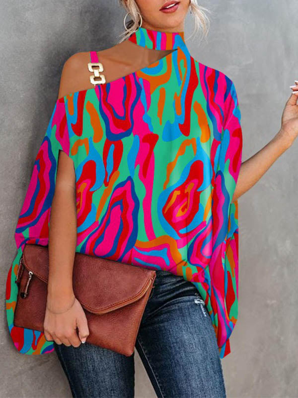 Asymmetric Chains Hollow Printed Batwing Sleeves Loose Asymmetric Collar T-Shirts Tops