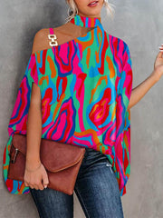 Asymmetric Chains Hollow Printed Batwing Sleeves Loose Asymmetric Collar T-Shirts Tops