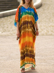 Split-Side Tie-Dyed Batwing Sleeves Loose V-Neck Maxi Dresses Beach Cover-Up