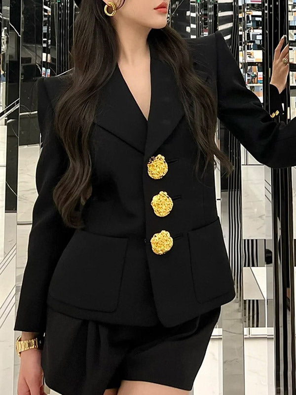 Buttoned Pockets Split-Joint Long Sleeves Loose Notched Collar Outerwear Blazer