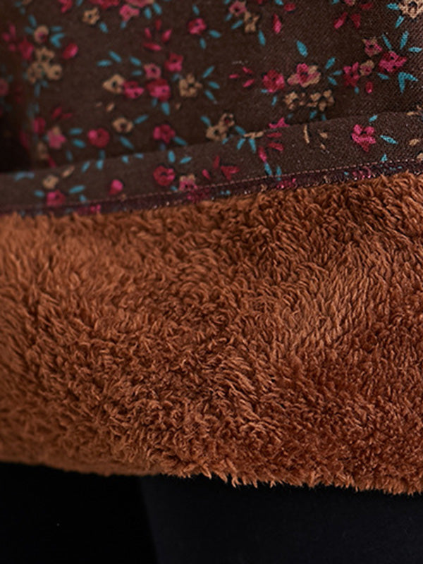 Vintage Loose Long Sleeves Floral Printed High-Neck Mini Dresses