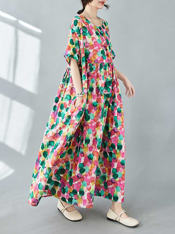 Pleated Polka-Dot Printed Split-Joint Half Sleeves Loose Round-Neck Midi Dresses